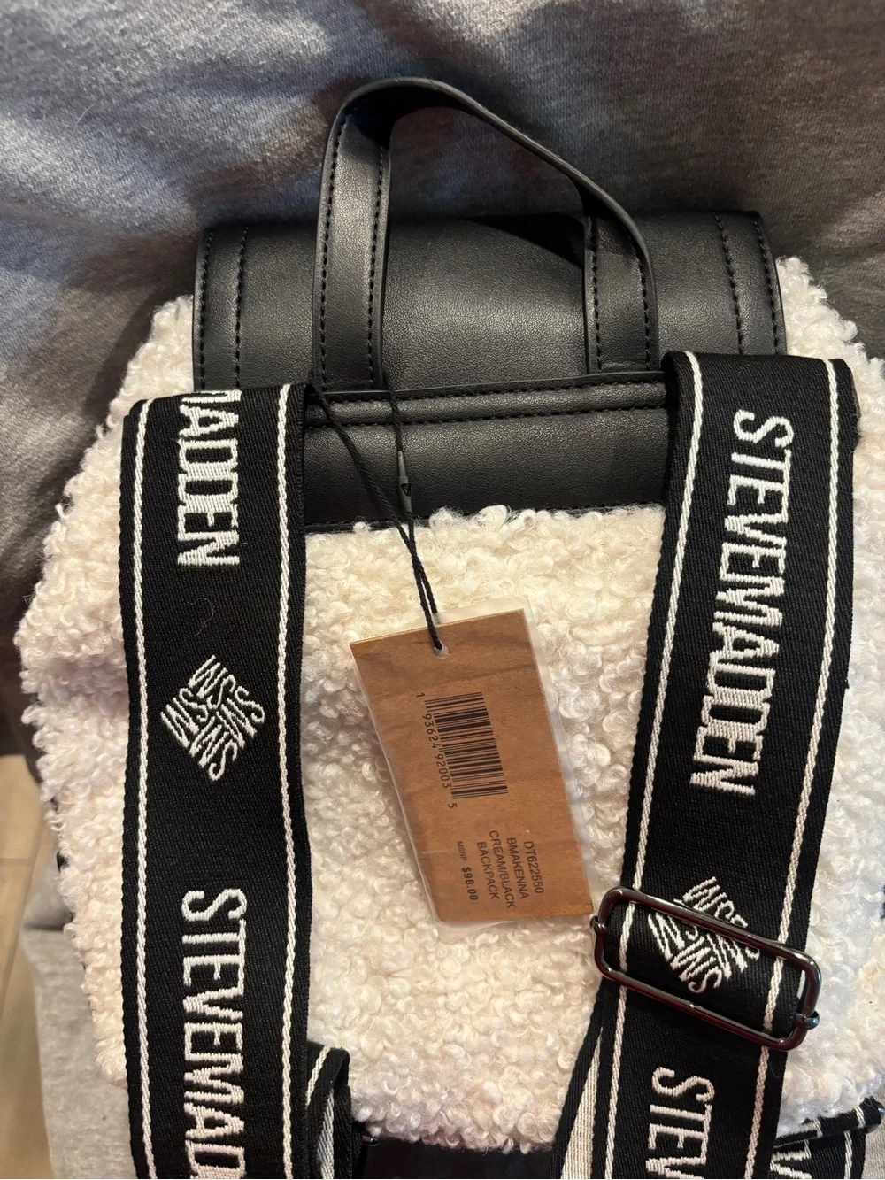 NWT Steve Madden Black/Cream Faux-Shearling Backpack BMAKENNA Retail $98